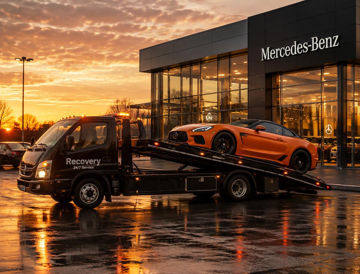 Recovery truck loading a sports car at a dealership