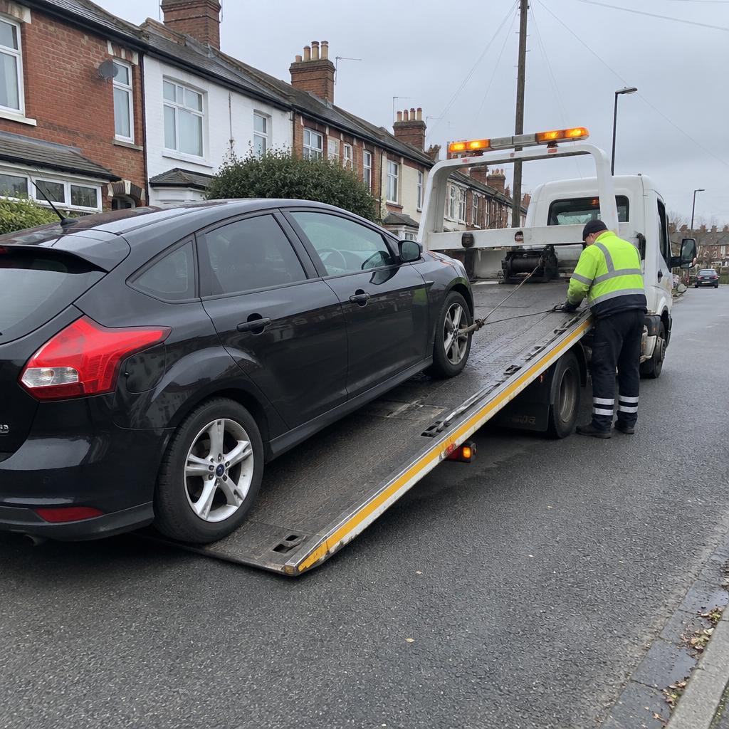 Black hatchback being winched onto a recovery truck