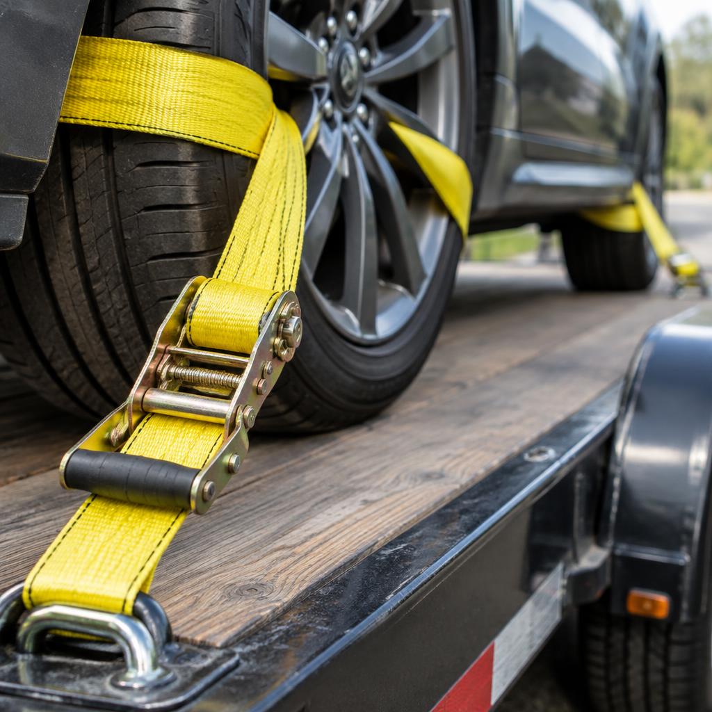 Ratchet strap securing a wheel on the trailer