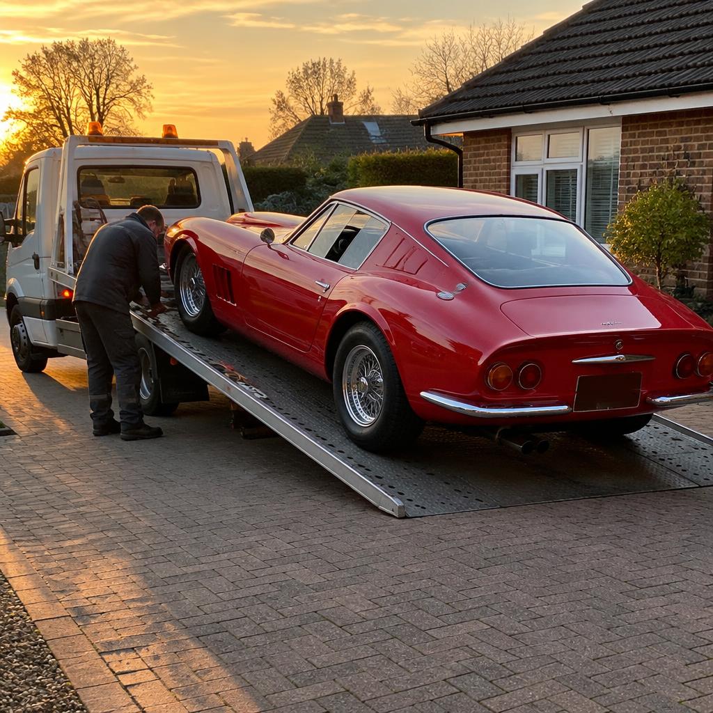 Classic red sports car unloaded on a customer's driveway