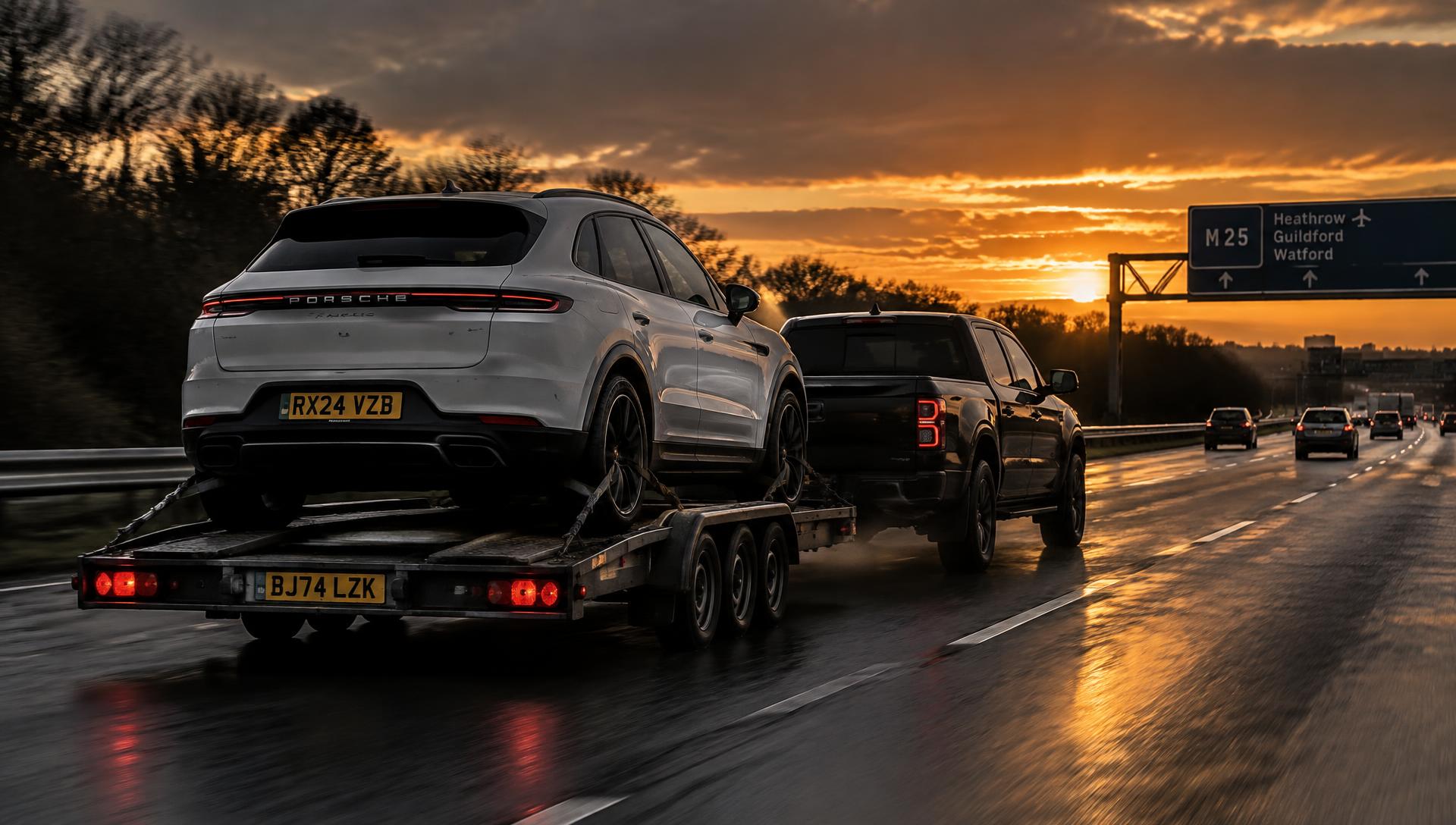 Car transported on a trailer along a UK motorway at sunset